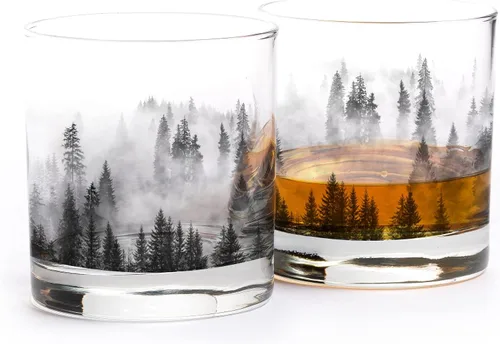 Vista 14 de Black Lantern Juego de vasos de whisky Cabin in the Forest – Vasos de 11 oz estilo antiguo con diseño de cabaña y pino Cristalería de base pesada