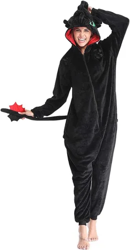 Vista 3 de Pijama sin dientes de cola de dragón animal mameluco de franela de felpa para Halloween Navidad pijamas para la familia, color negro