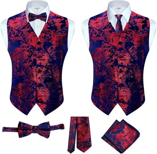 Vista 16 de Gioberti Chaleco formal de cachemira de 4 piezas para hombre, corbatín y pañuelo de bolsillo Negro B