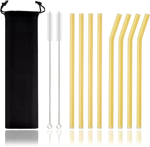 Vista 16 de JASHII Pajitas de vidrio reutilizables, pajitas transparentes de 7.87 x 0.3 pulgadas con cepillo limpio, estuche de viaje negro para bebidas Azul