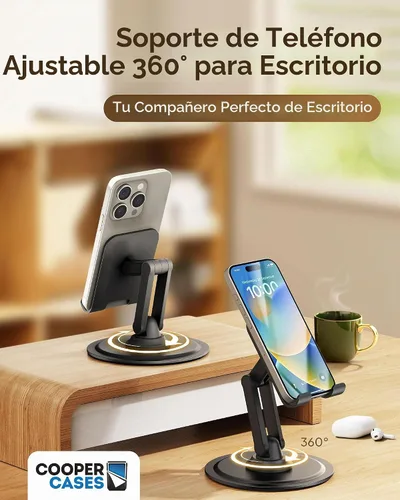 Vista 2 de COOPER Soporte 360°, Soporte Giratório para Celular de Escritorio Base de Metal Resistente, Plegable, Portátil Soporte para Celular