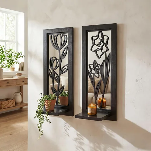 Vista 17 de ZEXUIRU Juego de 2 candelabros rústicos para sala de estar, dormitorio, entrada, espejo de madera, granja, marco tallado para montaje en pared