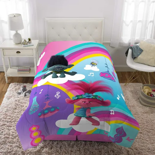 Vista 5 de Franco edredón reversible y muy suave para niños, ropa de cama de tamaño individual/matrimonial, Trolls World Tour