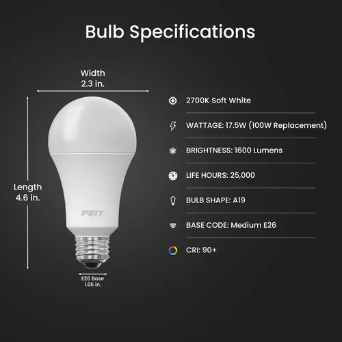 Vista 3 de Feit Electric Bombilla LED A19, equivalente a 100 W, regulable, base E26, CRI 90, 1600 lúmenes, blanco suave de 2700 K, bombilla de uso general
