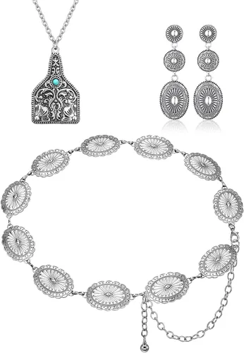 Vista 13 de 3 piezas de joyería boho occidental para mujer, conjunto de joyas de turquesa, aretes vintage, pulsera, collar bohemio occidental para mujer Negro