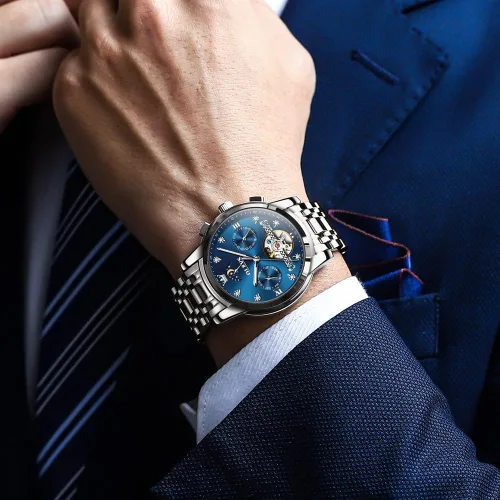 Vista 3 de OLEVS Men Automatic Watch Skeleton Moon Phase Dial Luxury Dress Stainless Steel Strap 5 Hands Diamond Men Wrist Watches