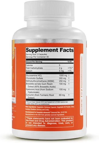 Vista 3 de Essential Elements Glucosamina Condroitina MSM Boswellia Serrata Suplemento de ácido hialurónico Soporte Articular, Suplemento antioxidante