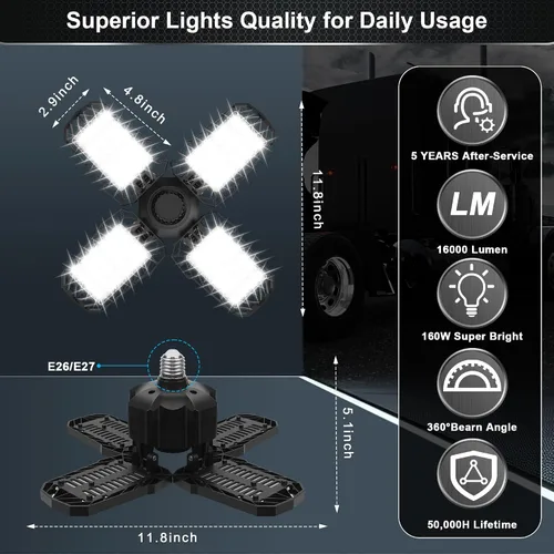 Vista 4 de Paquete de 2 luces LED para garaje, 150W 15000LM 6500K luces LED para taller, luces de garaje de techo LED con 4 paneles deformables, rosca