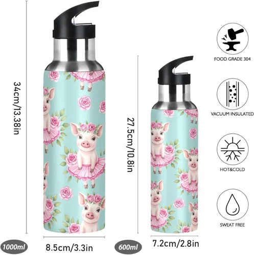 Vista 2 de Cute Watercolor Pigs Flower Crowns Insulated Stainless Steel Water Bottle with Straw 20 Oz Leakproof Water Bottles, BPA-Free Sports Water Bottle