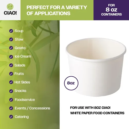 Vista 4 de CIAO! Tapa de PP de 3.543 in de diámetro, diseñada y apta para contenedores de papel de 8 oz (1000/caja)