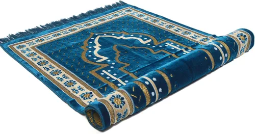 Vista 7 de TB - Alfombra de oración islámica gruesa y suave, alfombra musulmana única árabe, turca, africana, diseño bordado, cuentas de oración diaria, Azul