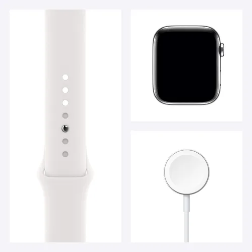 Vista 7 de Apple Watch Series 6 (GPS + Cellular, 44mm) - Silver Stainless Steel Case with White Sport Band (Renewed)