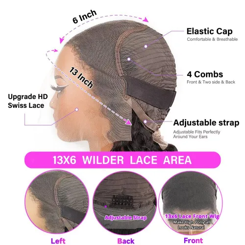 Vista 6 de Pelucas de cabello humano ondulado con encaje frontal HD de densidad 200, prearrancadas de 13 x 6 pulgadas, pelucas de cabello humano con encaje