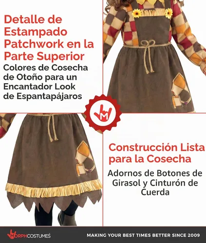 Vista 3 de Morph Disfraz de espantapájaros para niñas, disfraz de espantapájaros para niñas, disfraces de Halloween para niñas