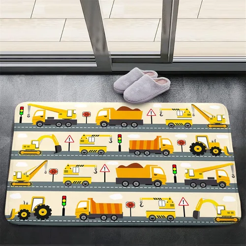 Vista 32 de Alfombra de construcción – Alfombras de construcción para habitación de niños, divertido diseño de camión de dibujos animados, alfombra de coche