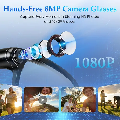 Vista 2 de Lentes inteligentes AI con cámara de 8 MP, grabación de video de 1080P y fotos HD para hombres y mujeres, gafas Bluetooth de audio de oído abierto