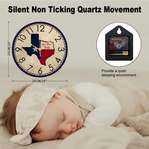 Vista 2 de God Bless Texas - Reloj de pared de madera rústico toscano con pilas, silencioso, sin tictac, relojes de pared con números, relojes de pared