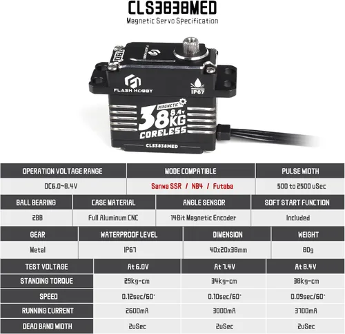 Vista 6 de Servo sin núcleo de 83.8 lbs, servo de alto par de torsión de 8.4 V, engranaje de metal completo servo RC con IP67 impermeable y soporte magnético