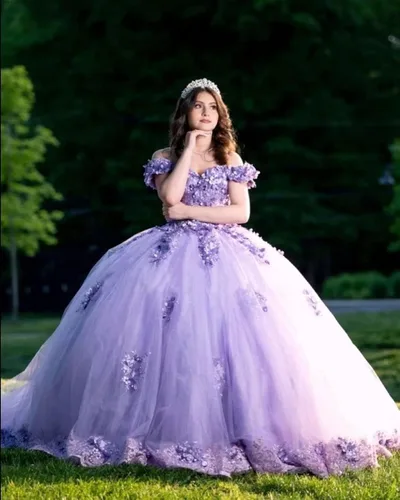 Vista 5 de XYAYE Vestidos de quinceañera con cuentas de encaje y hombros descubiertos para mujer, vestido de baile hinchado con flores 3D, vestidos dulces 15