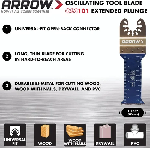 Vista 2 de Arrow OSC101VP-3 - Paquete variado de cuchillas oscilantes multimateriales para tuberías de cobre, madera, PVC, paneles de yeso, universal, se