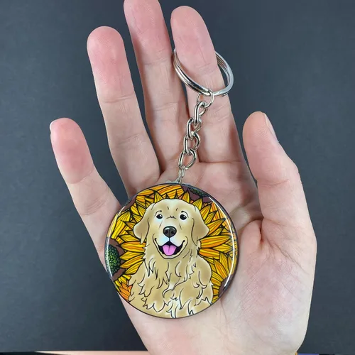 Vista 3 de Golden Retriever Sunflower Keychain - Floral Dog Key Ring - Pet Portrait Cartoon Art Gifts & Collectible Accessories