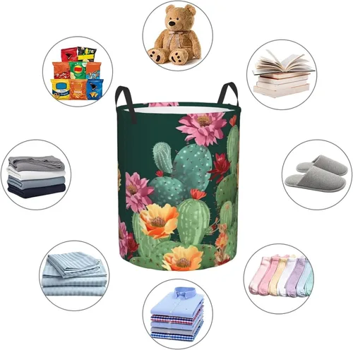 Vista 6 de Cesto circular con estampado floral de cactus, impermeable, cesta organizadora de lavandería, con asas, para ropa, juguetes, pequeña