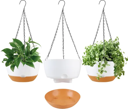 Vista 7 de KPUVX Maceta Colgante de 10 Pulgadas, Macetas de Riego Automático para Plantas de Interior, Paquete de 3 Cestas Colgantes de Plástico con Bandeja