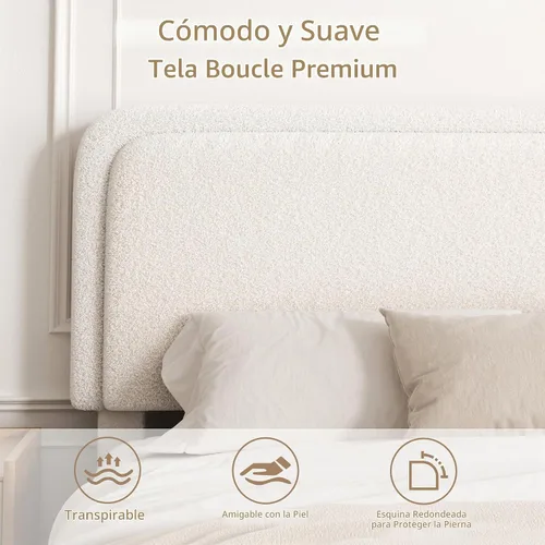 Vista 5 de Marco de cama tamaño Queen con cabecero ajustable, plataforma tapizada en bouclé con listones de madera, esquinas suaves anticolisión, no necesita