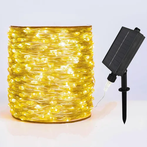 Vista 11 de Cadena de luces solares para exteriores, 100 pies, 300 LED, luces solares de hadas impermeables, botón de 8 modos, cadena de luces solares