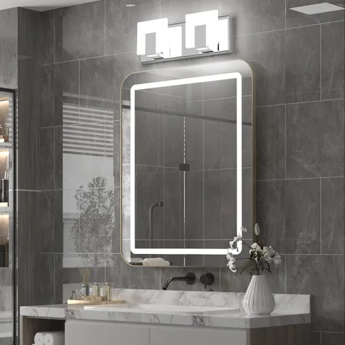 Vista 6 de Aipsun 2 luces regulables modernas LED de tocador para baño, acrílico blanco esmerilado, cromado arriba y abajo, lámparas de pared sobre espejo