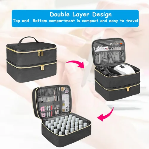 Vista 2 de Estuche de transporte de esmalte de uñas, bolsa de almacenamiento de esmalte de uñas de doble capa, se adapta a lámpara secadora de uñas y 30 Negro