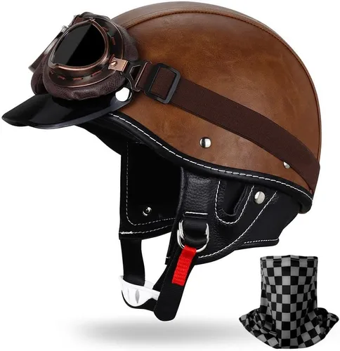 Vista 15 de Casco de motocicleta estilo alemán estilo retro medio casco de cuero medio abierto - aprobado por DOT para hombres y mujeres vintage motocicleta