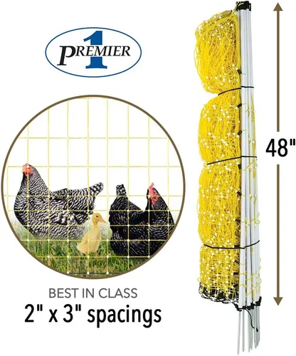Vista 2 de Premier 1 Red eléctrica portátil para pollo con postes incorporados, 48 pulgadas de alto x 164 pies de largo, valla amarilla para aves de corral