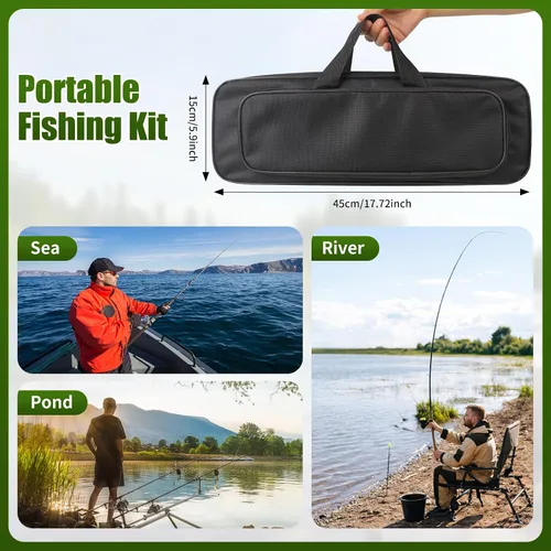 Vista 7 de Combo de carrete de caña de pescar, 2 cañas de pesca telescópicas de 6.89 pies, 2 carretes giratorios, juego de alicates de pesca con bolsa