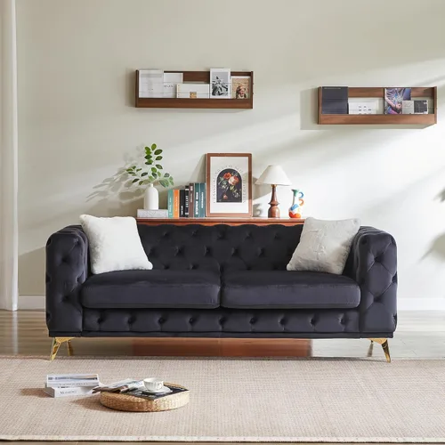 Vista 15 de KEIKI Sofá Chesterfield de terciopelo de lujo extragrande de 61 pulgadas con 2 almohadas, estilo mediados de siglo, sofá de 2 plazas con botones