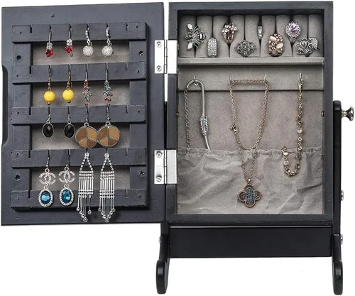 Vista 5 de Trlec Organizador de gabinete de joyería de espejo pequeño, caja de almacenamiento con soporte negro para colocar en mesa auxiliar, escritorio