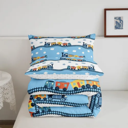 Vista 5 de Erosebridal Juego de edredón de tren de locomotora para niños, tamaño individual, lindo juego de ropa de cama con motor de vapor para niños y niñas