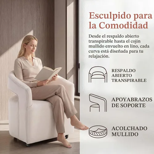 Vista 3 de DUOMAY Silla de comedor tapizada moderna con ruedas giratorias, juego de 1, silla auxiliar con respaldo de barril de lino, silla de tocador