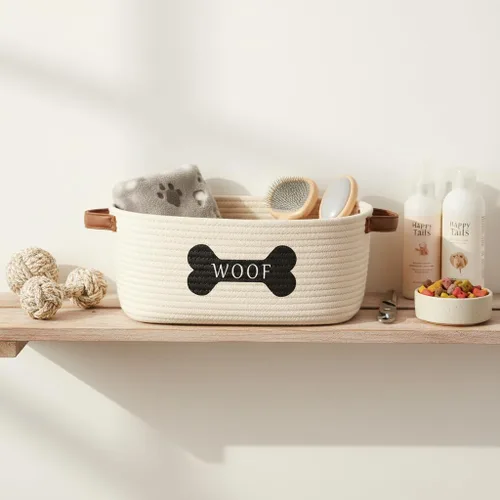 Vista 4 de Morezi Cesta de juguetes para perros de cuerda de algodón con asa, contenedor grande para perros, cama para cachorros, canasta de juguetes