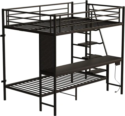 Vista 12 de KEIKI Litera Full sobre Twin con Estación de Carga, Cama Alta de Metal con Escritorio & Protector de Seguridad & Escaleras, Marco de Cama de Metal