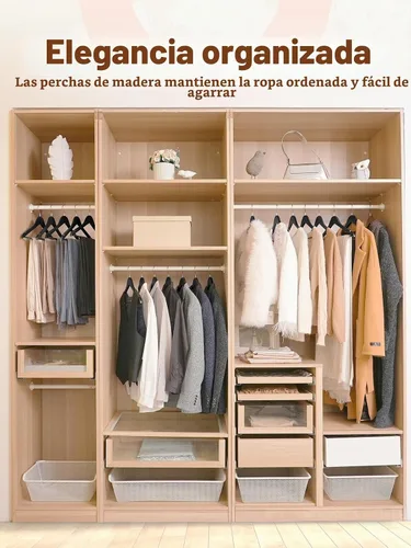Vista 7 de HOUSE DAY - Paquete de 10 perchas de madera negra, percha de madera maciza con barra antideslizante para pantalones, percha de abrigo de madera Negro