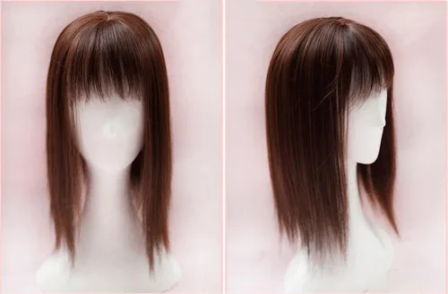 Vista 3 de Extensiones de pelo liso de fibra sintética de 14 pulgadas con flequillo de irregularidad (negro delgado)