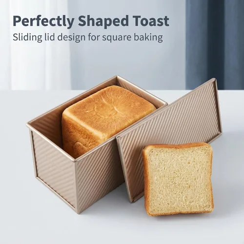 Vista 8 de CANDeal Molde para pan Pullman corrugado dorado con tapa, molde para tostadas comerciales antiadherentes para hornear, juego de latas de acero al