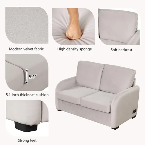 Vista 4 de Sofá cama extraíble, sofá biplaza 2 en 1 con colchón de espuma plegable, sofá cama extraíble de terciopelo con puerto de carga USB y enchufe de 3