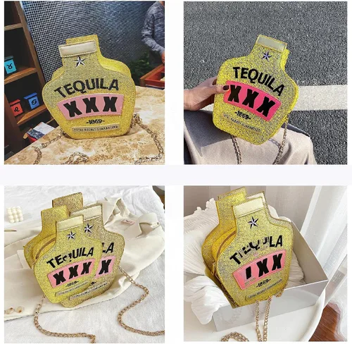 Vista 6 de Fozehlad Women Cute Sequins Crossbody Bags Tequila Bottle Shaped Shoulder Handbags Elegant Evening Purse for Girls