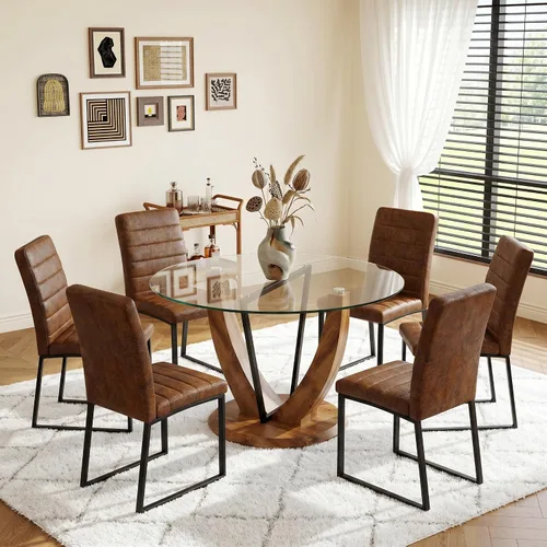 Vista 15 de Juego de mesa redonda de cristal de 5 piezas para 4, mesa de comedor moderna de 48 pulgadas con base de grano de madera, sillas tapizadas de gamuza