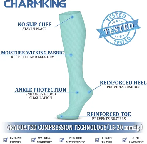 Vista 5 de CHARMKING Calcetines de compresión para mujeres y hombres, 4 pares de 15-20 mmHg, mejor apoyo para atletismo, correr, ciclismo