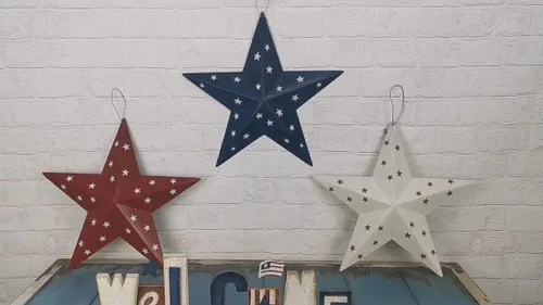 Vista 2 de Juego de 3 estrellas de granero de metal, decoración de pared patriótica estadounidense con bandera americana americana para colgar en interiores