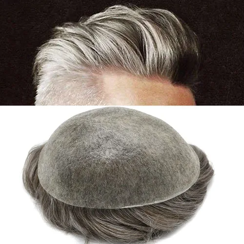 Vista 26 de Cabello humano para hombres, tupé, piezas de cabello humano europeo, todas las piezas de cabello con bucle en V, 0.002 in, piel fina, sistemas