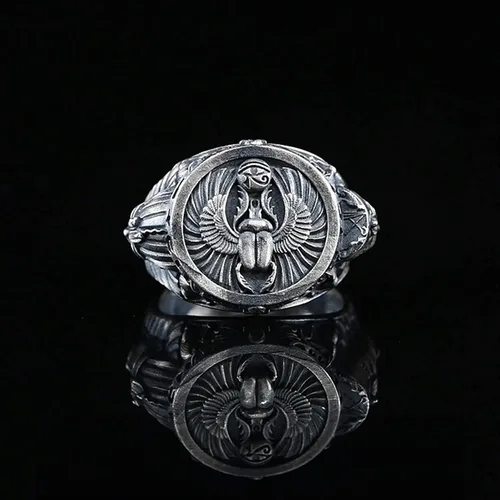 Vista 8 de Anillo de escarabajo de faraón egipcio piramidal, 0.017-0.022 libras, 1,02 x 1,14 pulgadas, anillo de sello de la mitología egipcia antigua Ankh